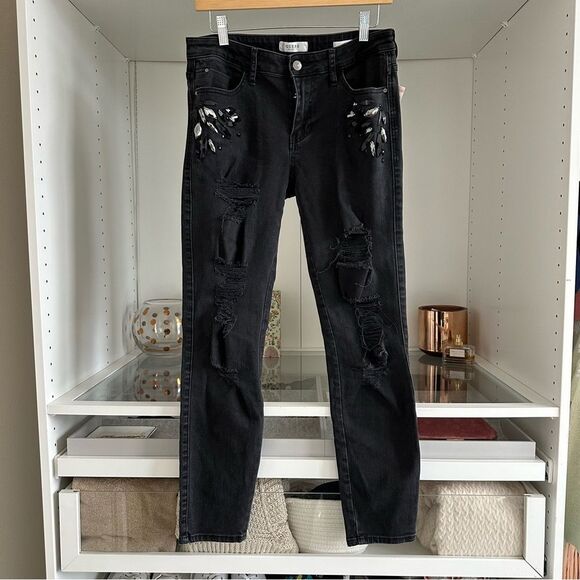 Guess Sexy Curve Bejeweled Distressed Black Jeans Size 30 Destroyed Knee Grunge - Picture 1 of 8